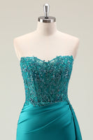 Laden Sie das Bild in den Galerie-Viewer, Grünes Korsett Perlen Langes Abendkleider mit Spitze