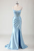 Laden Sie das Bild in den Galerie-Viewer, Blau Meerjungfrau Spaghettiträger Satin Langes Ballkleid mit Schlitz
