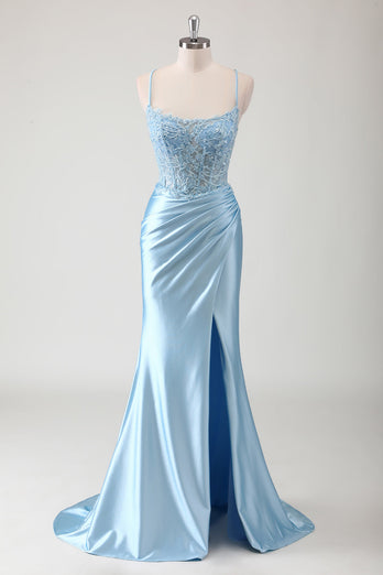 Blau Meerjungfrau Spaghettiträger Satin Langes Ballkleid mit Schlitz