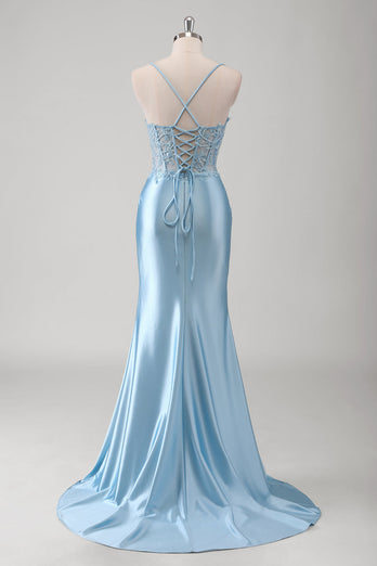 Blau Meerjungfrau Spaghettiträger Satin Langes Ballkleid mit Schlitz