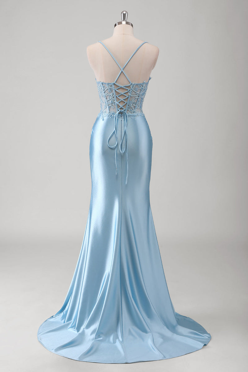 Laden Sie das Bild in den Galerie-Viewer, Blau Meerjungfrau Spaghettiträger Satin Langes Ballkleid mit Schlitz