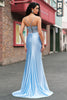 Laden Sie das Bild in den Galerie-Viewer, Blau Meerjungfrau Spaghettiträger Satin Langes Ballkleid mit Schlitz