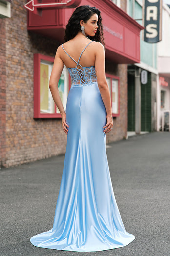 Blau Meerjungfrau Spaghettiträger Satin Langes Ballkleid mit Schlitz
