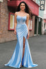 Laden Sie das Bild in den Galerie-Viewer, Blau Meerjungfrau Spaghettiträger Satin Langes Ballkleid mit Schlitz