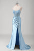 Laden Sie das Bild in den Galerie-Viewer, Blau Meerjungfrau Spaghettiträger Korsett Satin Langes Ballkleid mit Schlitz