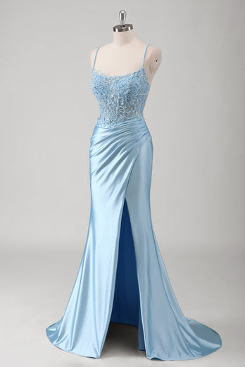 Blau Meerjungfrau Spaghettiträger Korsett Satin Langes Ballkleid mit Schlitz