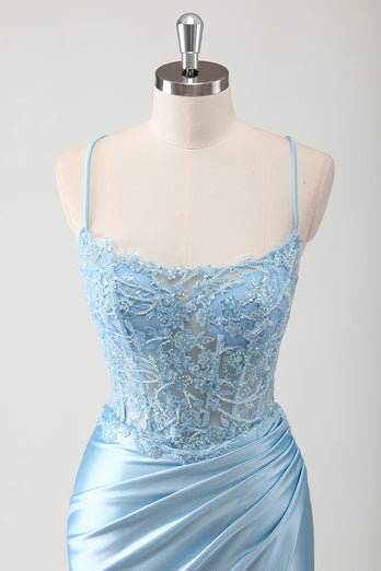 Blau Meerjungfrau Spaghettiträger Korsett Satin Langes Ballkleid mit Schlitz