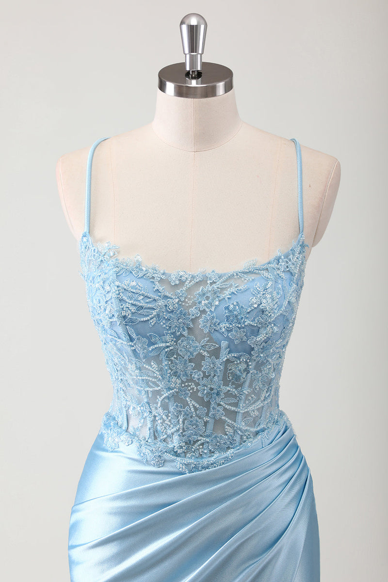 Laden Sie das Bild in den Galerie-Viewer, Blau Meerjungfrau Spaghettiträger Korsett Satin Langes Ballkleid mit Schlitz