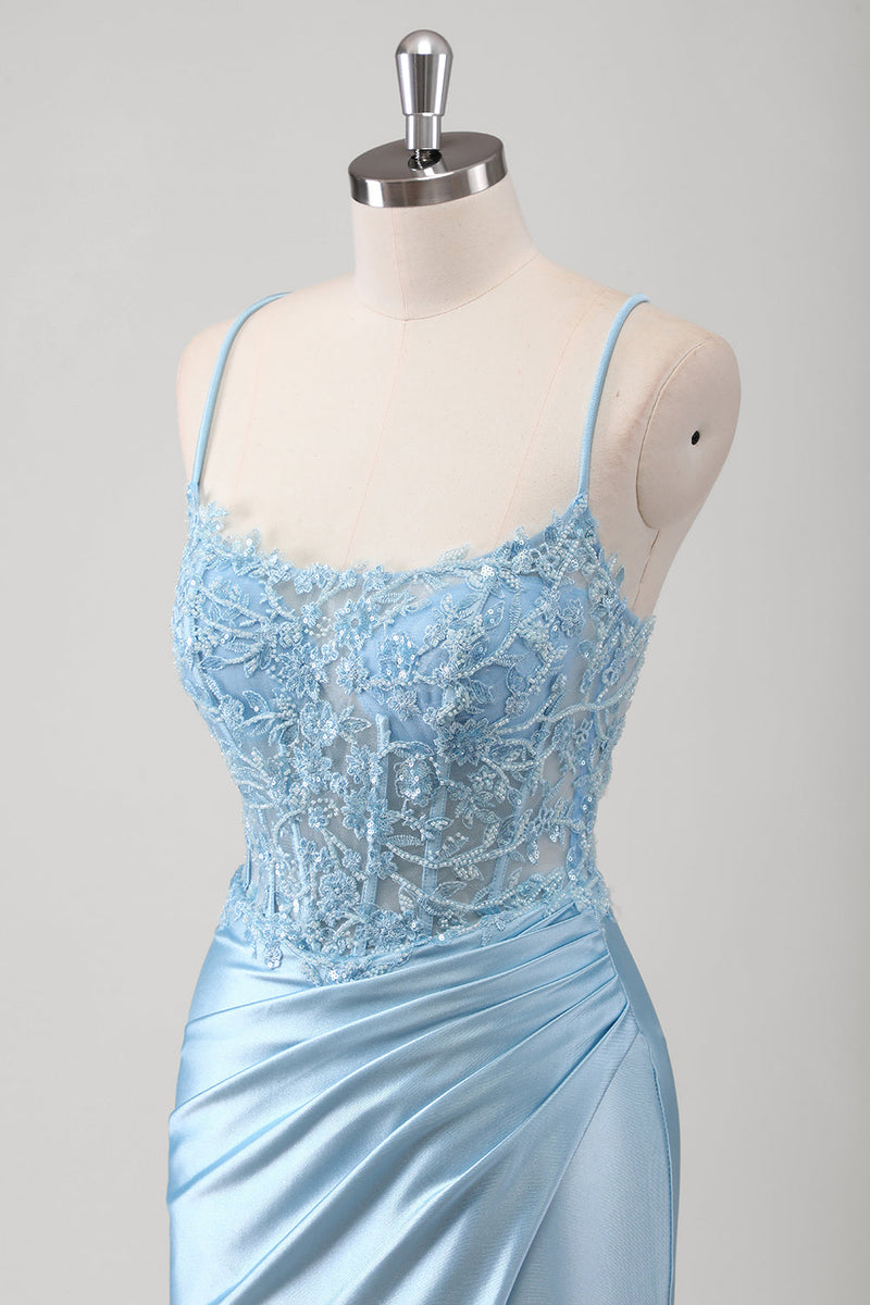 Laden Sie das Bild in den Galerie-Viewer, Blau Meerjungfrau Spaghettiträger Korsett Satin Langes Ballkleid mit Schlitz
