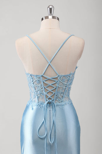Blau Meerjungfrau Spaghettiträger Korsett Satin Langes Ballkleid mit Schlitz