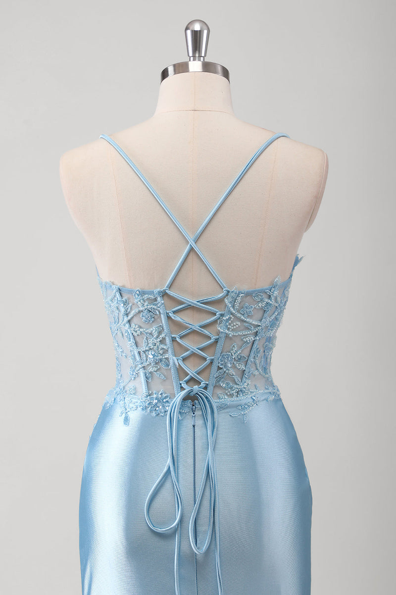 Laden Sie das Bild in den Galerie-Viewer, Blau Meerjungfrau Spaghettiträger Korsett Satin Langes Ballkleid mit Schlitz