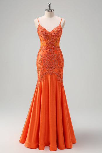 Glitzer Orange Meerjungfrau Spaghettiträger Korsett Langes Ballkleid mit Stickerei