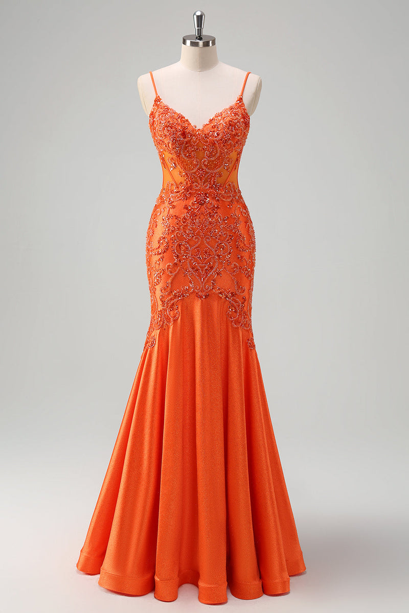 Laden Sie das Bild in den Galerie-Viewer, Glitzer Orange Meerjungfrau Spaghettiträger Korsett Langes Ballkleid mit Stickerei