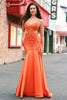 Laden Sie das Bild in den Galerie-Viewer, Glitzer Orange Meerjungfrau Spaghettiträger Langes Ballkleid mit Stickerei