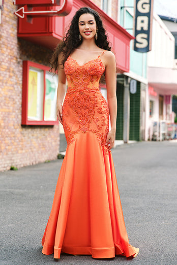 Glitzer Orange Meerjungfrau Spaghettiträger Langes Ballkleid mit Stickerei
