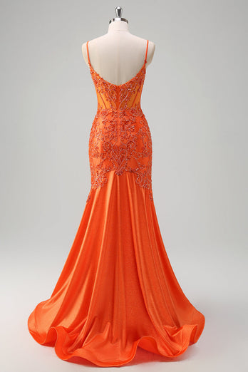Glitzer Orange Meerjungfrau Spaghettiträger Korsett Langes Ballkleid mit Stickerei
