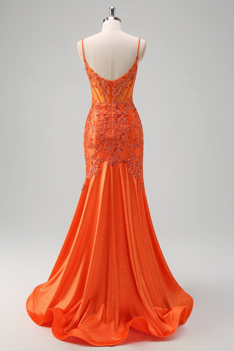 Laden Sie das Bild in den Galerie-Viewer, Glitzer Orange Meerjungfrau Spaghettiträger Korsett Langes Ballkleid mit Stickerei