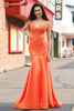 Laden Sie das Bild in den Galerie-Viewer, Glitzer Orange Meerjungfrau Spaghettiträger Korsett Langes Ballkleid mit Stickerei