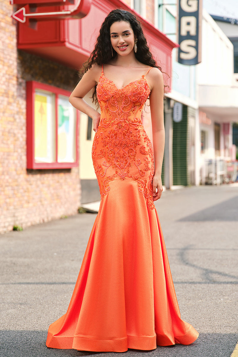 Laden Sie das Bild in den Galerie-Viewer, Glitzer Orange Meerjungfrau Spaghettiträger Korsett Langes Ballkleid mit Stickerei
