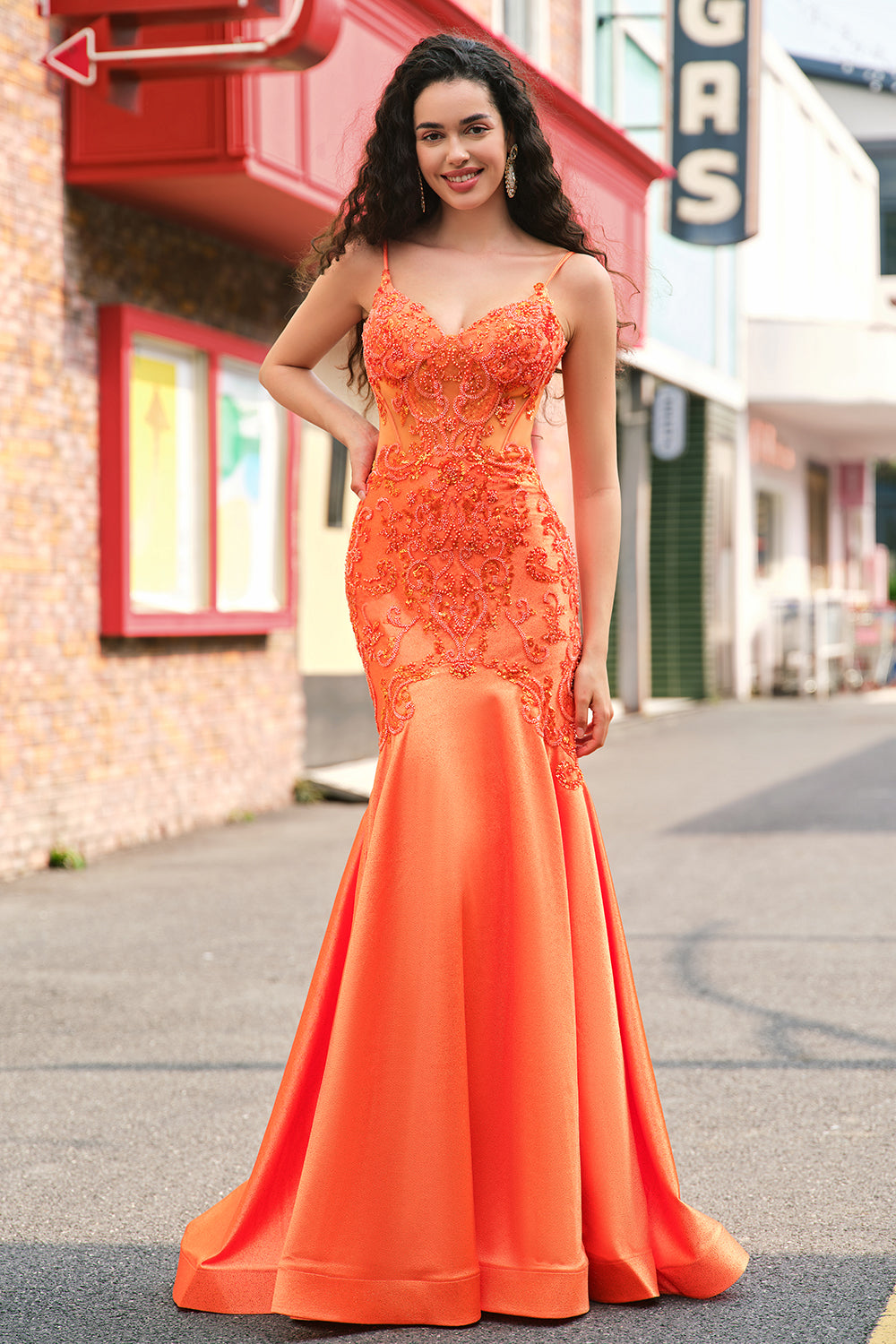 Glitzer Orange Meerjungfrau Spaghettiträger Korsett Langes Ballkleid mit Stickerei