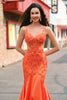 Laden Sie das Bild in den Galerie-Viewer, Glitzer Orange Meerjungfrau Spaghettiträger Korsett Langes Ballkleid mit Stickerei