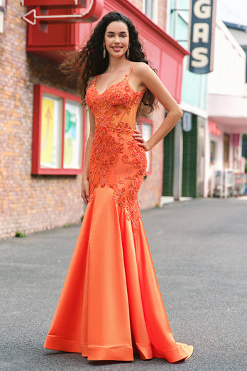 Glitzer Orange Meerjungfrau Spaghettiträger Korsett Langes Ballkleid mit Stickerei