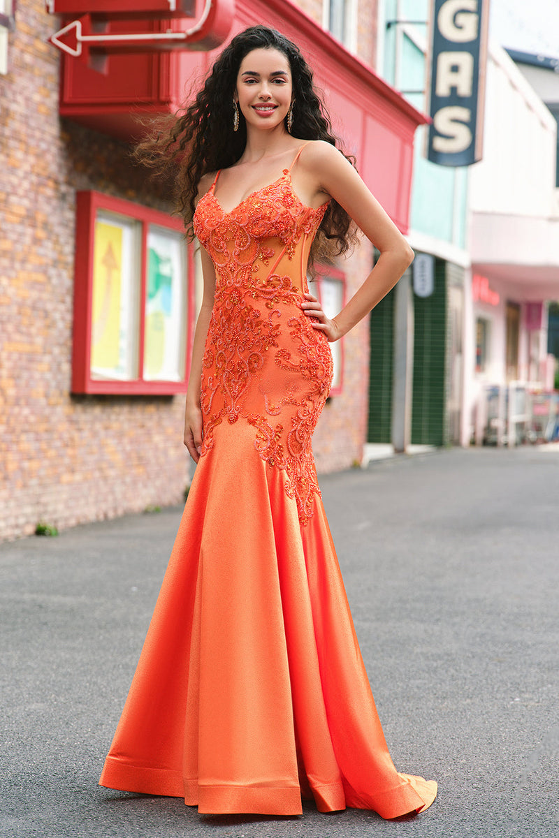 Laden Sie das Bild in den Galerie-Viewer, Glitzer Orange Meerjungfrau Spaghettiträger Korsett Langes Ballkleid mit Stickerei