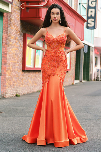 Glitzer Orange Meerjungfrau Spaghettiträger Korsett Langes Ballkleid mit Stickerei