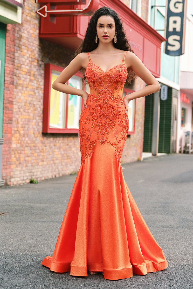Laden Sie das Bild in den Galerie-Viewer, Glitzer Orange Meerjungfrau Spaghettiträger Korsett Langes Ballkleid mit Stickerei