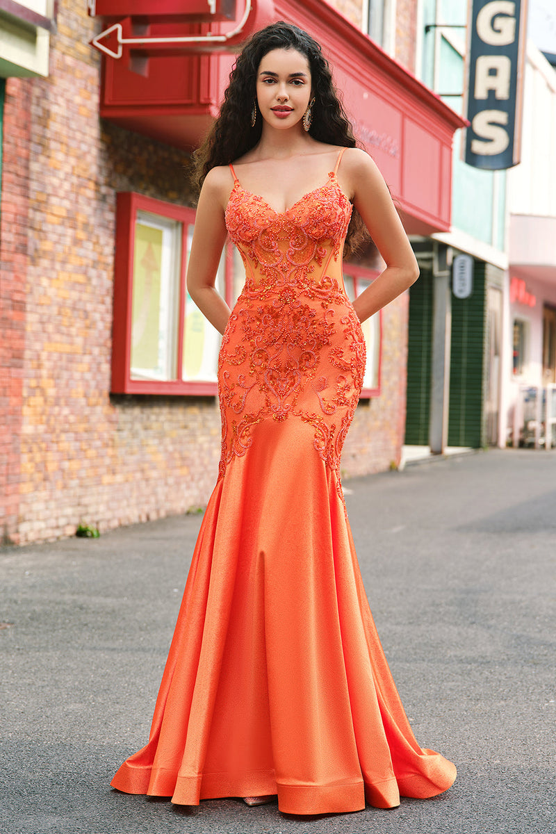 Laden Sie das Bild in den Galerie-Viewer, Glitzer Orange Meerjungfrau Spaghettiträger Korsett Langes Ballkleid mit Stickerei