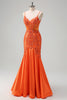 Laden Sie das Bild in den Galerie-Viewer, Glitzer Orange Meerjungfrau Spaghettiträger Langes Ballkleid mit Stickerei
