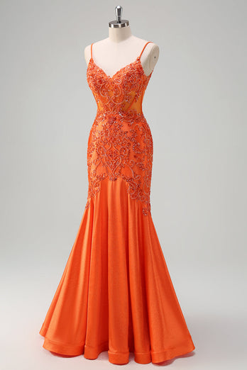 Glitzer Orange Meerjungfrau Spaghettiträger Langes Ballkleid mit Stickerei