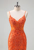Laden Sie das Bild in den Galerie-Viewer, Glitzer Orange Meerjungfrau Spaghettiträger Langes Ballkleid mit Stickerei