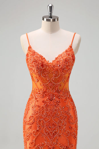 Glitzer Orange Meerjungfrau Spaghettiträger Langes Ballkleid mit Stickerei