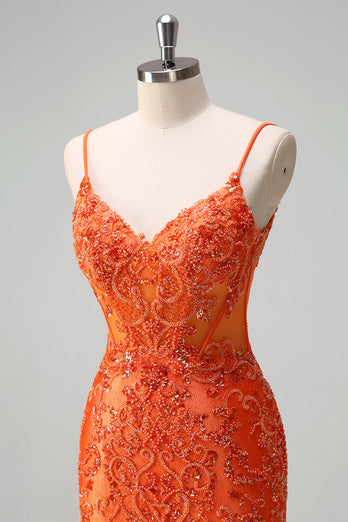 Glitzer Orange Meerjungfrau Spaghettiträger Langes Ballkleid mit Stickerei