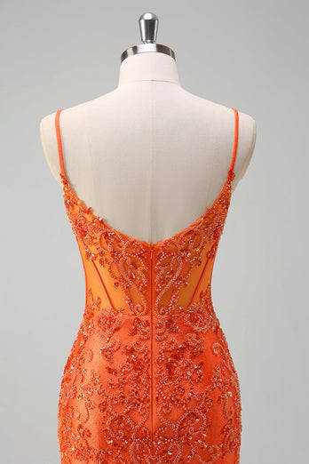 Glitzer Orange Meerjungfrau Spaghettiträger Langes Ballkleid mit Stickerei