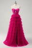 Laden Sie das Bild in den Galerie-Viewer, Fuchsia A Linien Rückenfrei Tüll Korsett Langes Ballkleid mit Schlitz