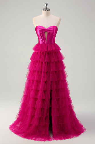 Fuchsia A Linien Rückenfrei Tüll Korsett Langes Ballkleid mit Schlitz