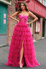 Laden Sie das Bild in den Galerie-Viewer, Fuchsia A Linien Rückenfrei Tüll Korsett Langes Ballkleid mit Schlitz