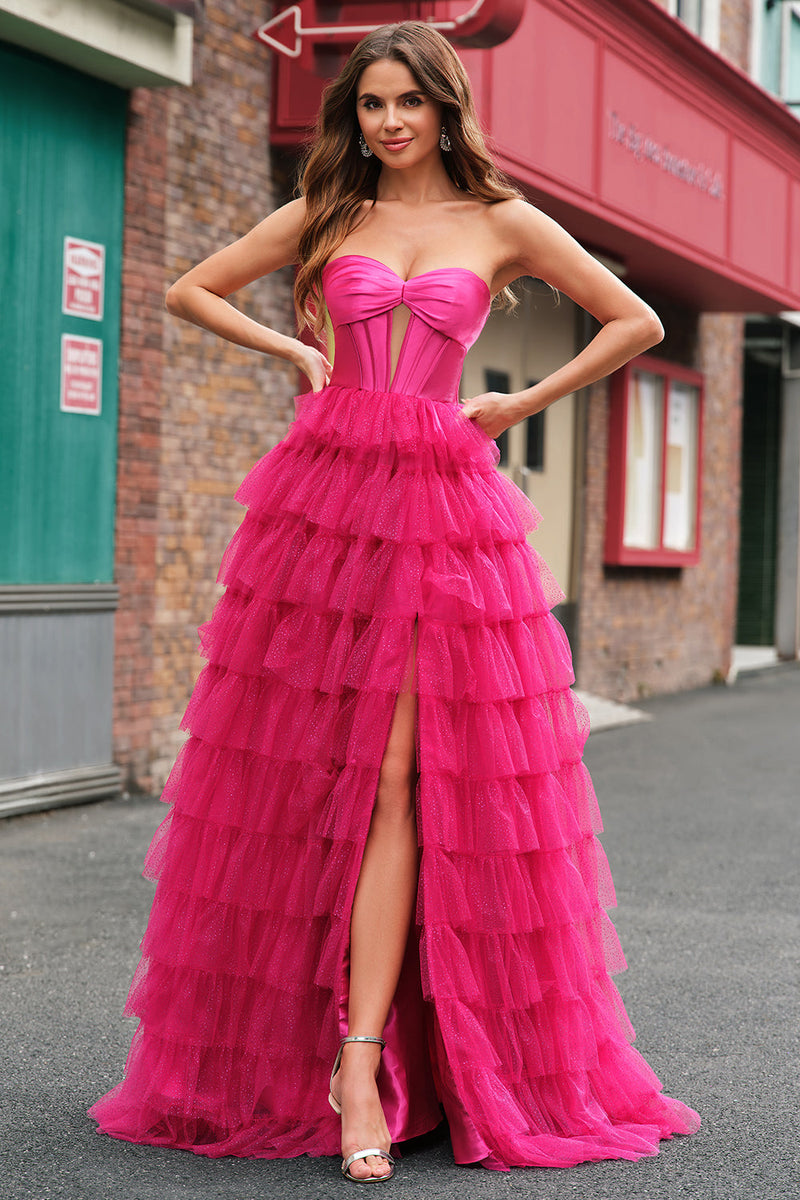 Laden Sie das Bild in den Galerie-Viewer, Fuchsia A Linien Rückenfrei Tüll Korsett Langes Ballkleid mit Schlitz