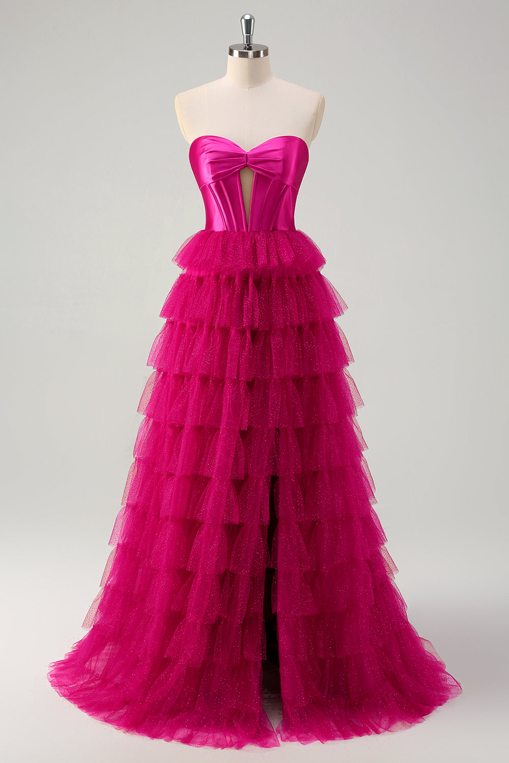 Fuchsia A Linien Rückenfrei Tüll Korsett Langes Ballkleid mit Schlitz