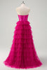 Laden Sie das Bild in den Galerie-Viewer, Fuchsia A Linien Rückenfrei Tüll Korsett Langes Ballkleid mit Schlitz