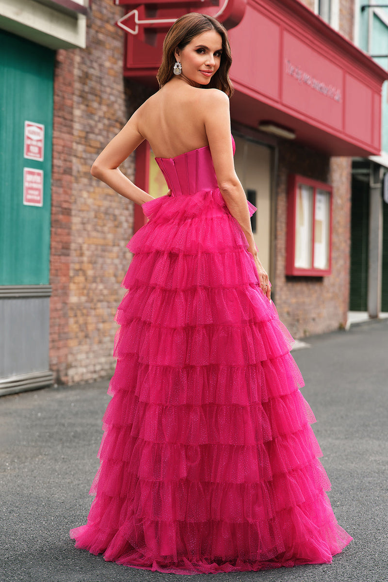 Laden Sie das Bild in den Galerie-Viewer, Fuchsia A Linien Rückenfrei Tüll Korsett Langes Ballkleid mit Schlitz