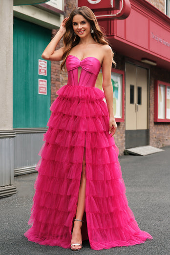 Fuchsia A Linien Schulterfrei Langes Ballkleid mit Schilitz