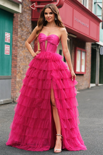 Fuchsia A Linien Schulterfrei Langes Ballkleid mit Schilitz