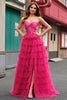 Laden Sie das Bild in den Galerie-Viewer, Fuchsia A Linien Schulterfrei Langes Ballkleid mit Schilitz