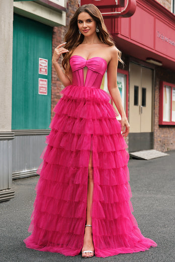 Fuchsia A Linien Schulterfrei Langes Ballkleid mit Schilitz