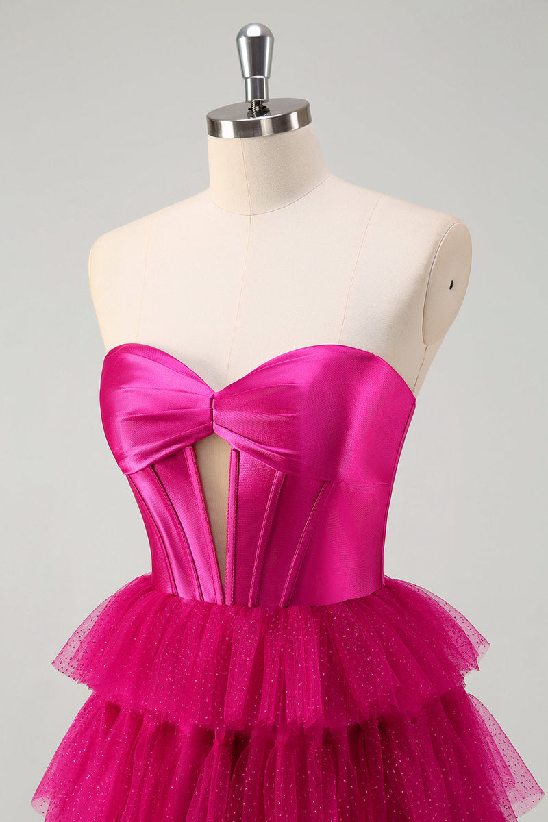Laden Sie das Bild in den Galerie-Viewer, Fuchsia A Linien Rückenfrei Tüll Korsett Langes Ballkleid mit Schlitz