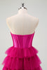 Laden Sie das Bild in den Galerie-Viewer, Fuchsia A Linien Rückenfrei Tüll Korsett Langes Ballkleid mit Schlitz