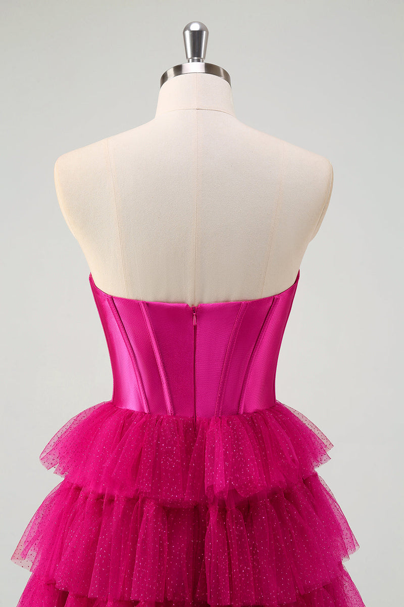 Laden Sie das Bild in den Galerie-Viewer, Fuchsia A Linien Rückenfrei Tüll Korsett Langes Ballkleid mit Schlitz